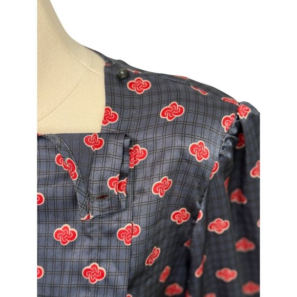 Christian Dior Vintage Satin Blouse Blue Red Print Long Slv Banded Waist Size 8 - Picture 3 of 11